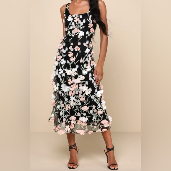 Elite Cutie Black Mesh 3D Floral Embroidered Midi Dress * WORN ONCE, BRAND NEW* - Picture 1 of 3